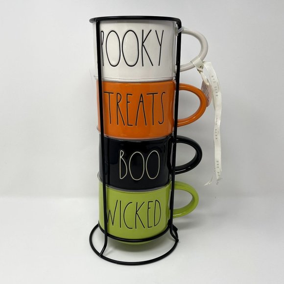 Rae Dunn Halloween Spooky Treats Boo Wicked Mug Set w/ Metal Stand NWT - Picture 2 of 4